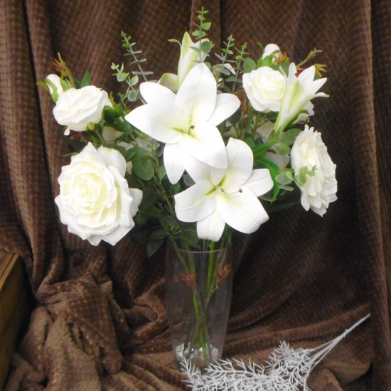 Lilies and Roses White Artificial Flower Arrangements